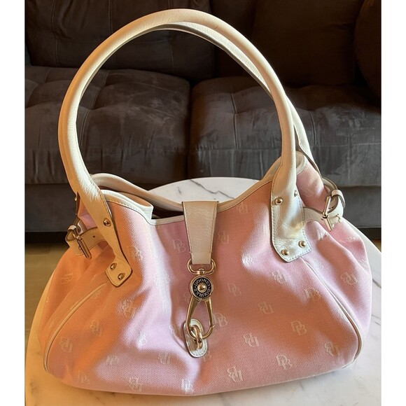 Dooney & Bourke Signature Large Logo Lock Canvas Hobo Shoulder Bag Pink White - Picture 1 of 16